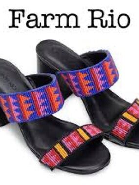FARM Rio Black Leather Sandals with Pink, Orange & Purple Woven Straps